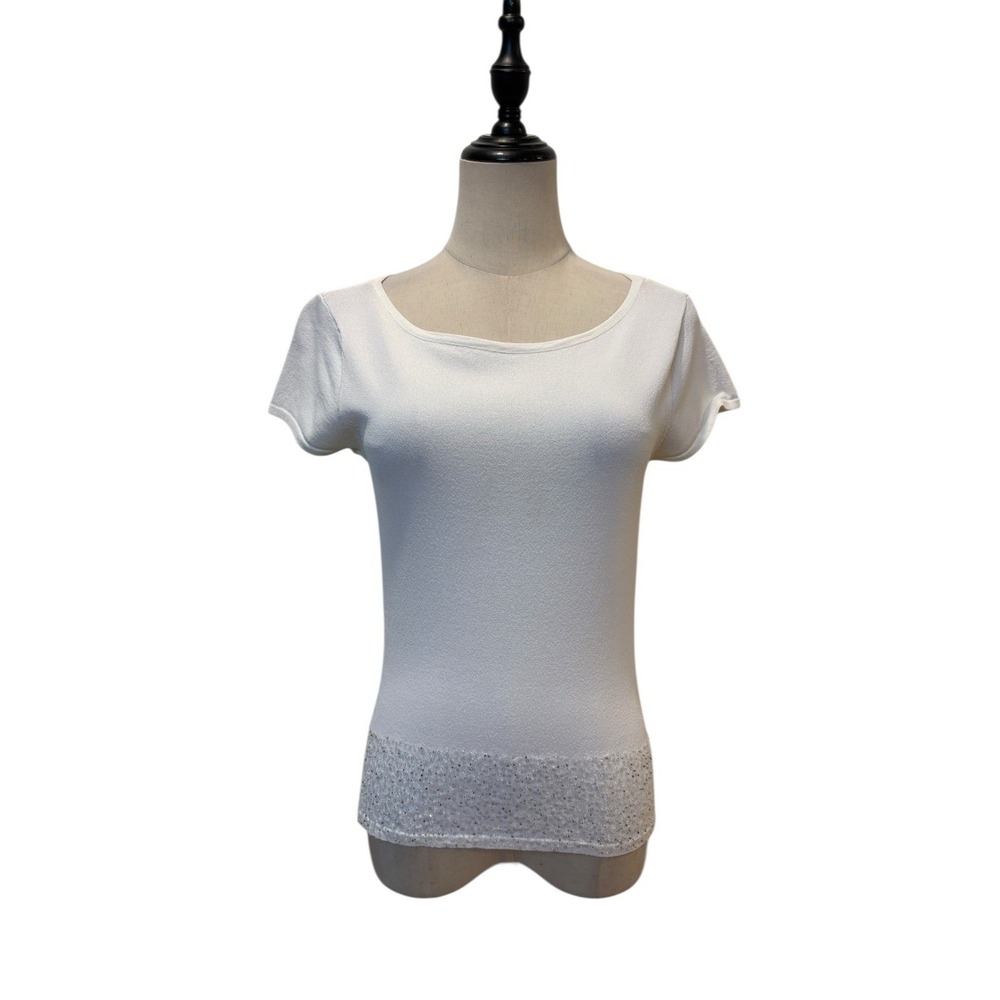 Vtg 90s Y2K Casual Corner Ivory Knit Top Beaded Sz S Minimalist Elegant Preppy